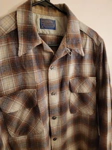 VTG 60's Pendleton Wool Board Shirt Flannel Loop Button BROWN BLUE Plaid LARGE L - Picture 1 of 13