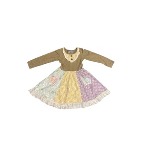Girls MUSTARD PIE Dress - Size 4- Brown & Blue & Yellow & Pink FLORAL Ruffle - Picture 1 of 10