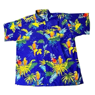 Винтажная гавайская рубашка Barefoot Attitude размер L с принтом в виде попугая на ладони синяя тропическая - Изображение 1 из 4