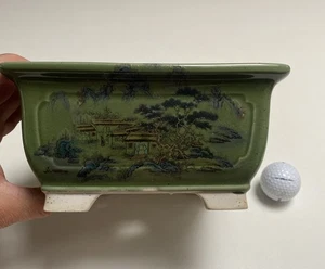 New Green Glazed High Quality Square Bonsai Pot With Beautiful Artwork On Sides - Picture 1 of 16