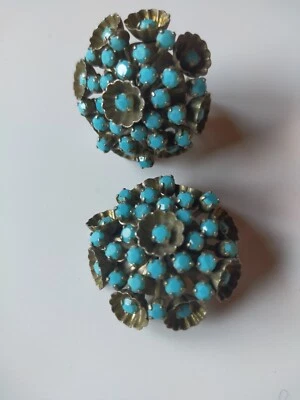 ORECCHINI bouquet di FIORI VINTAGE a CLIPS MET.ARGENTO E PIETRE AZZURRO TURCHESE - Immagine 1 di 4