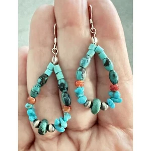 Handmade Genuine Turquoise, Spiny Oyster & Navajo Pearl Earrings - Gift Box - Picture 1 of 6