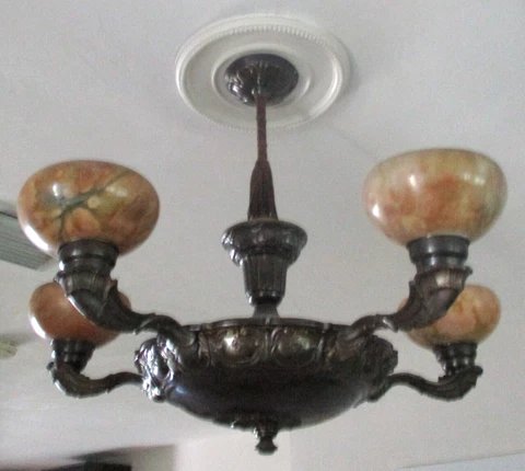 Art Deco 5-arm Chandelier Blood Moon Alabaster and Bronze 30" Diameter Cover