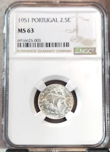 1951 PORTUGAL SILVER 2.5 ESCUDOS SAILING SHIP NGC MS 63 NICE BRIGHT COIN - Picture 1 of 3