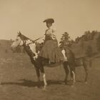 Real Photo Smiling Woman Fancy Hat on Horse with Foal Following Cabinet Card