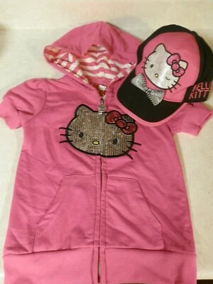 Hello Kitty Lot Girls Short Sleeve Hooded Zip Jacket Shirt Sz 5 & Sanrio Hat EUC - Image 1 of 4