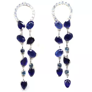 Piedra Preciosa Caliente Zafiro Azul Pendientes 925 Plata de Ley Oro Blanco - Imagen 1 de 4