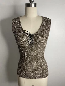 Sportscraft Chunky Knit Size S 10 Crochet Sleeveless Top V neck Taupe Y2K 90s - Picture 1 of 8