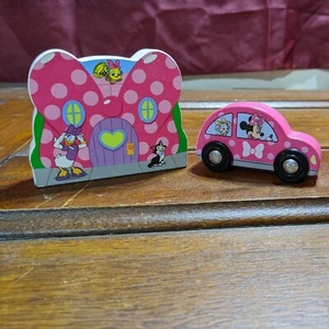 Disney Mickey Mouse Clubhouse Wooden Minnie Mouse Car + House 2 Piece Set - Picture 1 of 5