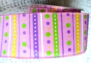 Pink Polka Dot Stripes 2.5" by 2 yards Wired Ribbon Seasonal Whimsical - Picture 1 of 4
