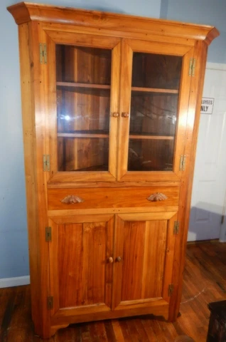 Rustic Solid Walnut Corner Cabinet Brass H Hinges Country Federal Cover