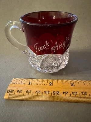 EAPG RUBY STAINED FRANK WRIGHT 1906 ETCHED ANTIQUE GLASS TEACUP CUP TUMBLER MUG - Image 1 of 4