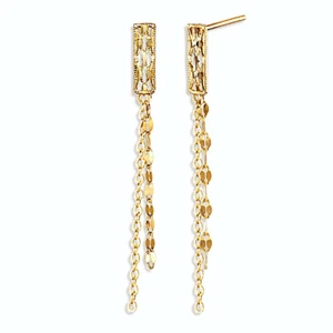 JNK 14K Solid Yellow Gold Cynical Chain Drop Dangle Long Stud a Pair of Earrings - Picture 1 of 11