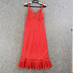 Vintage Full Slip Womens 30 in Bust Red Nylon Pleated Chiffon Hem Lace Inserts - Picture 1 of 12