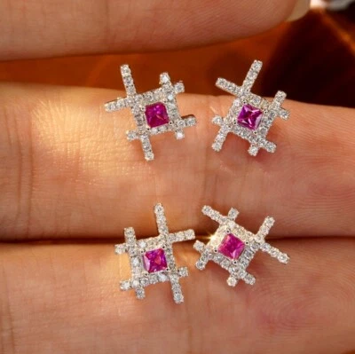 18K Gold 0.26ct Ruby Dainty Diamond Cross Square Women Fine Earrings Studs - Image 1 of 4