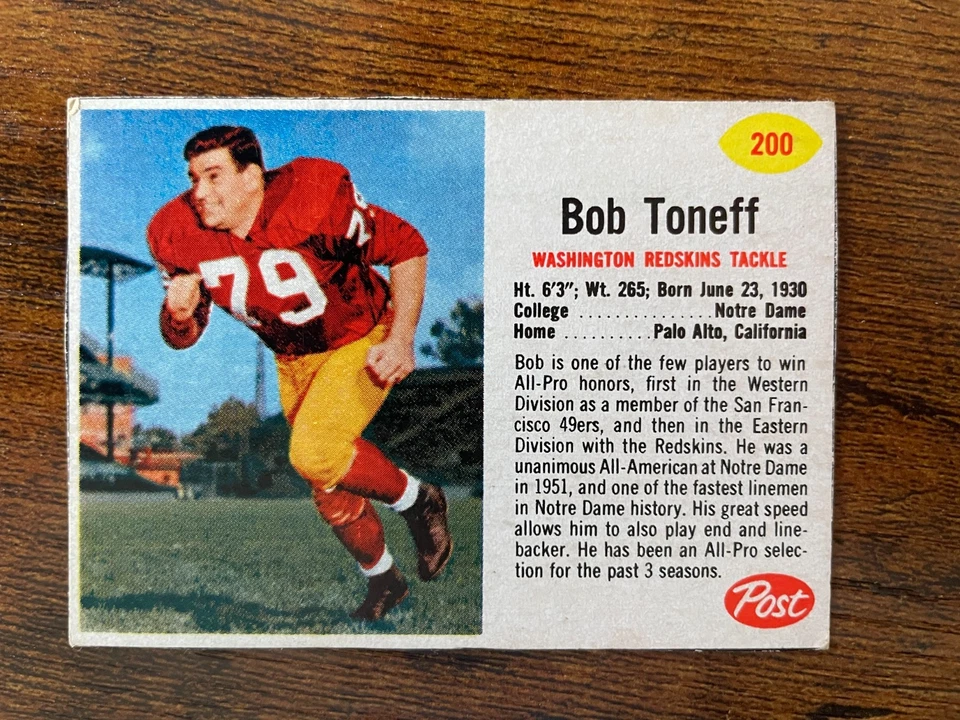 1962 Post Cereal Football - Bob Toneff #200 - Washington Redskins - VG/EX - Image 1 of 2