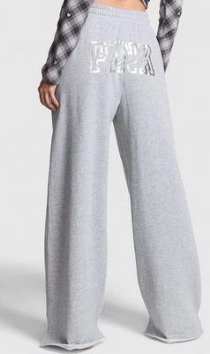 Pantalones deportivos Victoria's Secret rosa hiedra polar pierna ancha dobladillo dividido gris lámina Foto 1 de 4