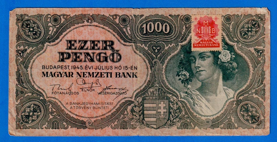 Hungary 1000  EZER PENGO 1945 P-118b(1)  Circulated Note with stamp F012 054156 - Image 1 of 4