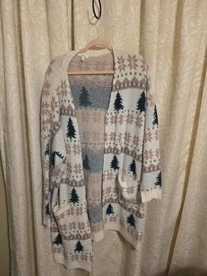 Maurices 3X LS LONG CARDIGAN WITH Pine Tree And Snowflake CHRISTMAS DESIGN - Image 1 of 4