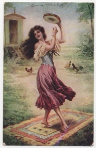 AK Zigeunertänzerin auf Quilt mit Tamburin Hühner, "ANNA MEISKY" im Bleistift - Bild 1 von 2