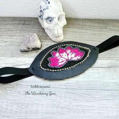 Hand Embroidered Lotus Flower Eye Patch, Costume Accessory, Vision Ocular Aid - Image 1 of 4