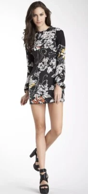Rachel Roy Silk Black Floral Shift Mini Dress Long Sleeve Sz 4 Small $429 - Image 1 of 4