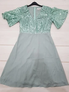BOOHOO Occasions Dress Size 14 Green Sequins Zip Short Sleeve Elegant Wedding - Picture 1 of 8