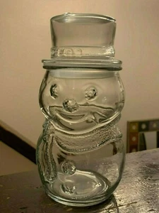 Clear Glass Christmas Snowman Canister Cookie Jar or Candy Dish - Picture 1 of 12