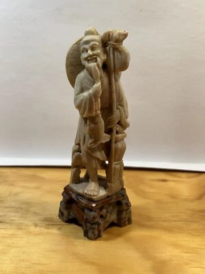 Antique Chinese Soapstone Carving Fisherman Figure Figurine 6" Tall Hand Made - Image 1 of 2