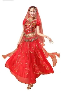 Women's Halloween Costume Belly Dancer Skirt/Top/Hip Scarf/Veil Red/Gold - Picture 1 of 3