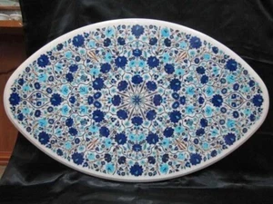36"x24" Oval White Marble Table Top Lapis & Turquoise Design Inlay Work Handmade - Picture 1 of 8