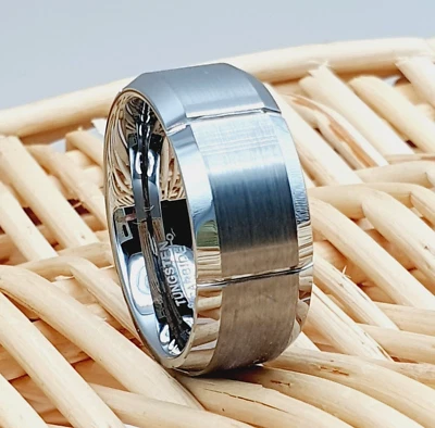 Anillo de compromiso de 9 mm para hombre anillo de tungsteno plata cepillada anillo de boda alianza Foto 1 de 4