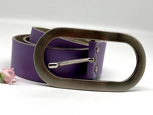 Women Genuine Leather Wide Belt Purple Lilly Silver Big Buckle Size 85 - Picture 1 of 10