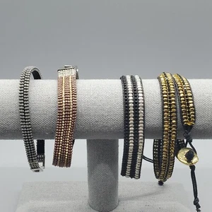 Lot Brown Black Bracelets Beaded Boho Cord Faux Leather Wrap Set of (4) - Picture 1 of 6
