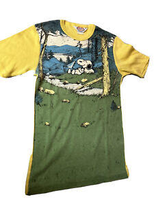 Vintage Snoopy Camping Short Sleeve T Shirt Yellow Green Fitted M