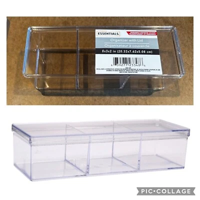 ESSENTIALS Clear Acrylic 3-Compartment Organizer Storage Box w/Lid - 8x3x2 - Image 1 of 4