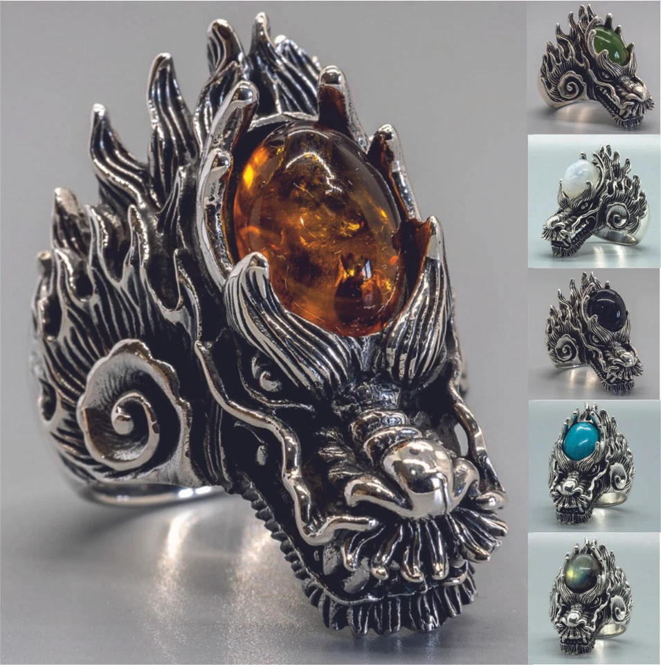 Dragone Anello 925 Argento Motociclista Ambra Turchese Labradorite Luna Jade Oro - Immagine 1 di 1