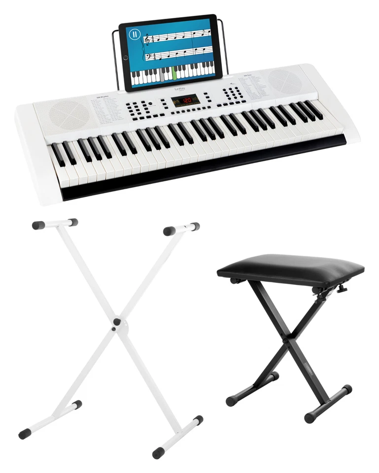 FUNKEY Zeitloses Keyboard mit klasse Design inkl. X-Stativ und Klavier Sitzbank weiss