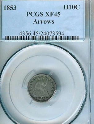 1853 Arrows Seated Half  Dime : PCGS XF45 - Image 1 of 2