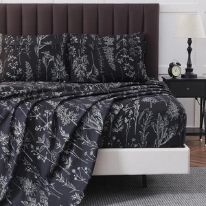 6 Piece Queen Bed Sheets Set, Floral Sheets Black Patterned Sheets Deep Pocket u - Picture 1 of 7
