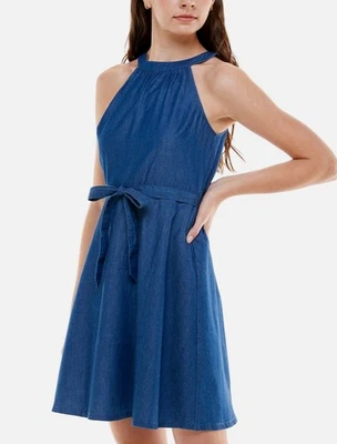 Women Junior's dress, denim, size XS, Rosie Harlow, Sleeveless Halter, short fit - Image 1 of 4