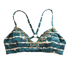 Banana Moon Teal Embroidered Striped Bikini Top Swimsuit Small Tiedye Beach Pool - Picture 1 of 6