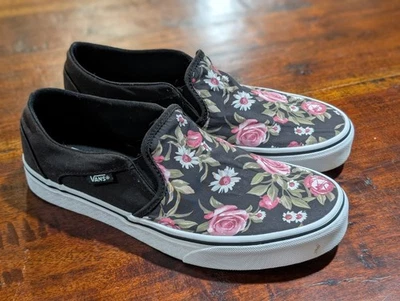 VANS Floral Black Slip-On Shoes Womens Size 9 Flowers Roses 🌹 Multicolor Asher - Image 1 of 4