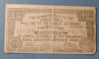 WWII Japanese Occupation Guerrilla 1942 25 Centavos Japan US War Collection Note - Image 1 of 2