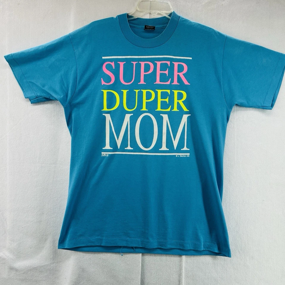 Camisa De Colección Super Duper Mamá Azul/Verde Para Mujer XL Puntada Única Hecha en EE. UU. Años 90 Foto 1 de 4