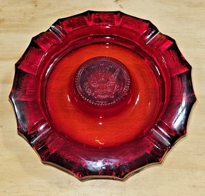 Fostoria Ruby Red Glass Ashtray 1887 Liberty Coin Eagle Ash Tray 8” Diameter - Image 1 of 4