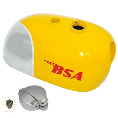 APTO PARA BSA B25 B40 B44 C15 Victor Enduro Trials Acero Cromo y Amarillo Tanque + Tapa Foto 1 de 4