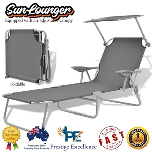 Folding Sun Lounger With Canopy Portable Patio Pool Sunbed Reclining Beach Chair - Picture 1 of 9