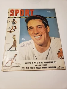 VINTAGE APRIL 1949 SPORT MAGAZIN BOB FELLER AUTO AUTOGRAMM SIGNIERT BASEBALL - Bild 1 von 6