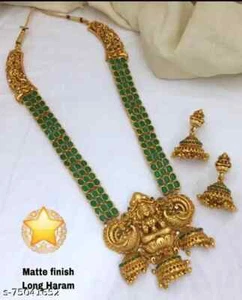 South Indian Bollywood Matt Gold Plated Bridal Kempu Temple Necklace Jewelry - Picture 1 of 3